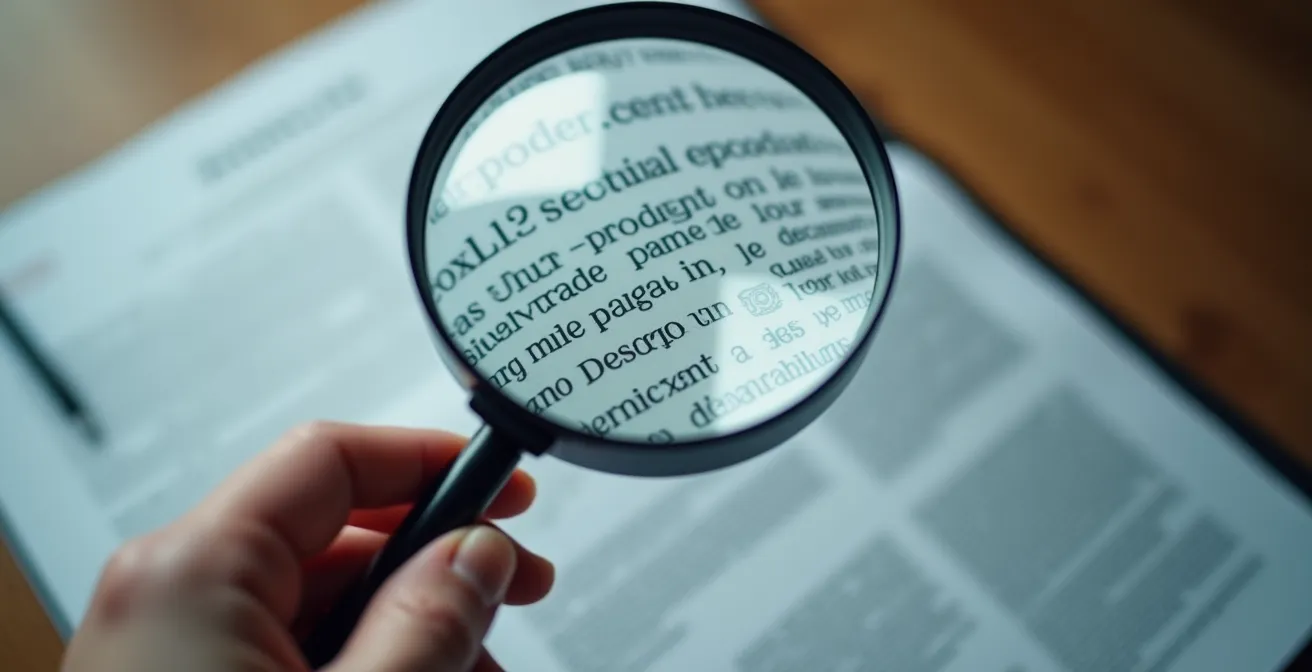 Personne examinant attentivement un document avec une loupe, mettant en évidence l'importance de lire les détails