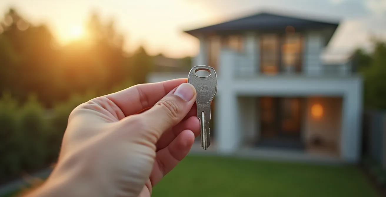 Main tenant une clé devant une maison floue avec effet bokeh, symbolisant l'accès à la propriété via l'assurance vie