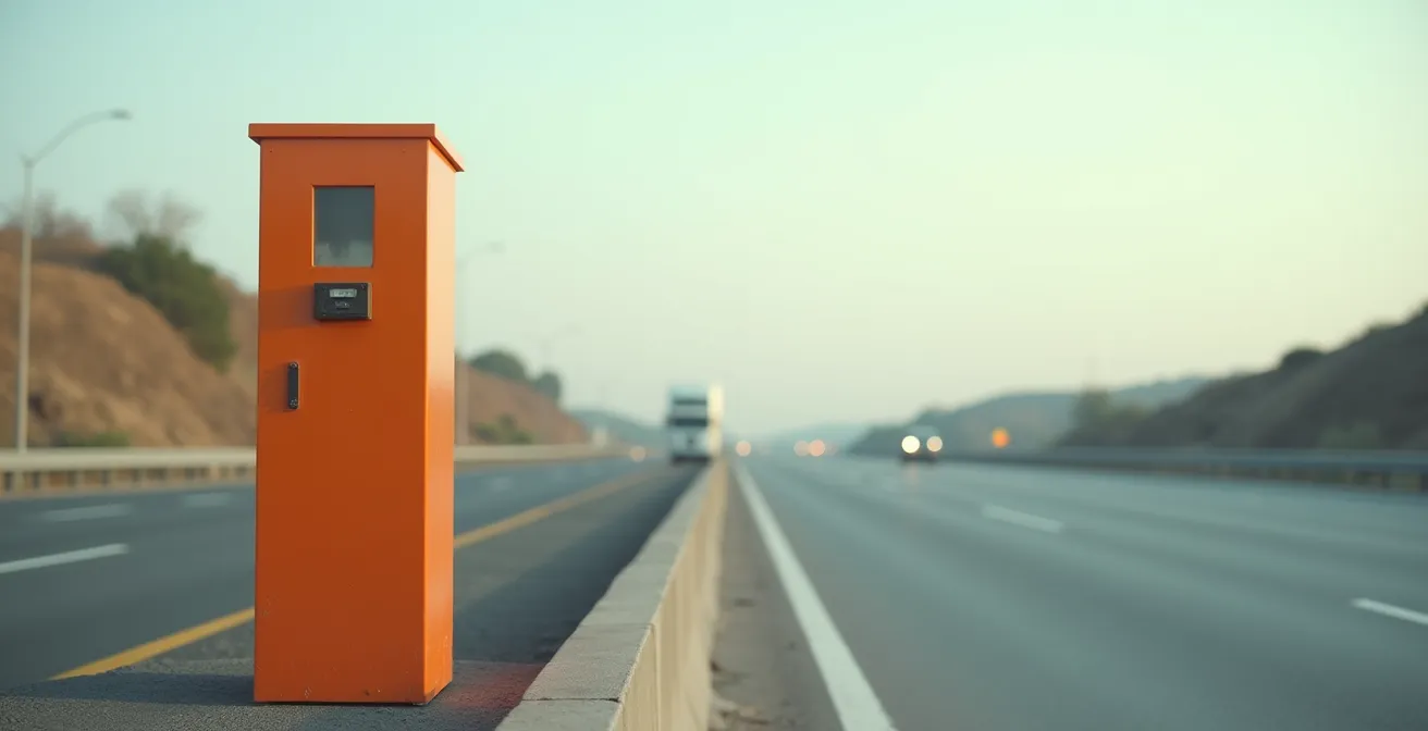 Vue large d'une borne d'appel d'urgence orange sur le bord d'une autoroute française