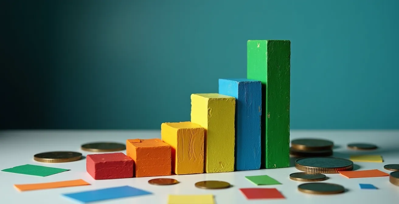Graphique abstrait montrant l'évolution d'une courbe de revenus avec des zones colorées représentant les différentes compensations