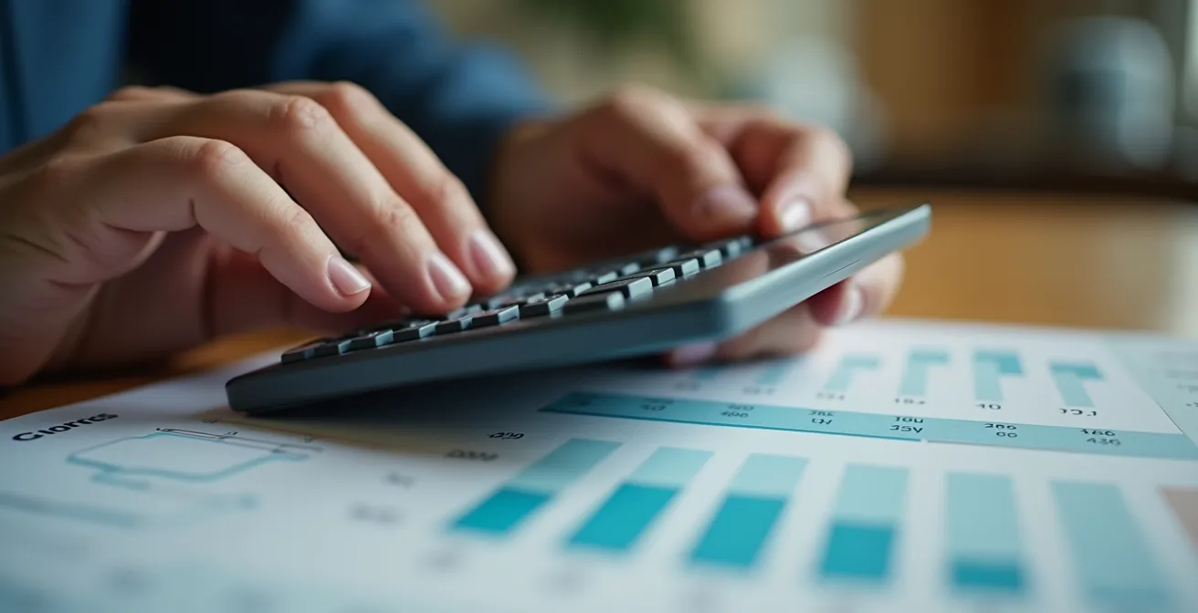 Main utilisant une calculatrice pour analyser un devis dentaire avec graphiques abstraits