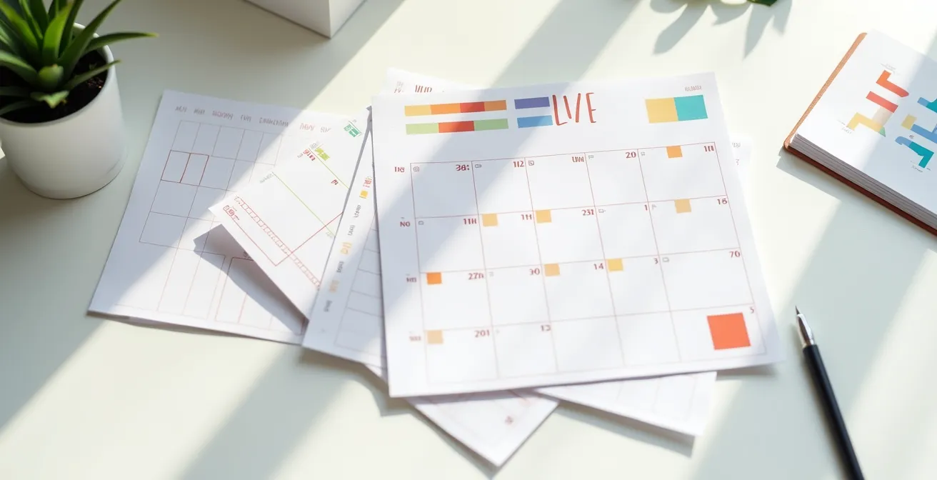 Vue d'un bureau avec calendrier et documents organisés pour planifier la transition de mutuelle