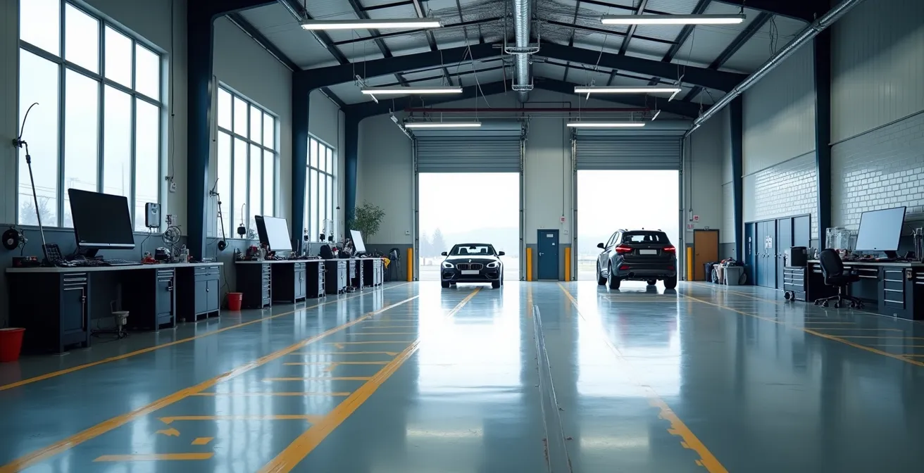 Vue d'ensemble d'un garage moderne avec zone d'expertise et de réparation
