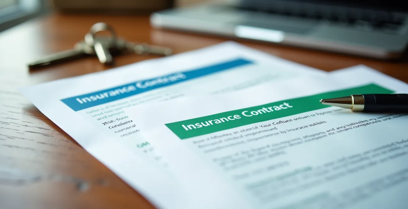 Gros plan sur deux contrats d'assurance posés côte à côte sur un bureau en bois avec des clés de maison