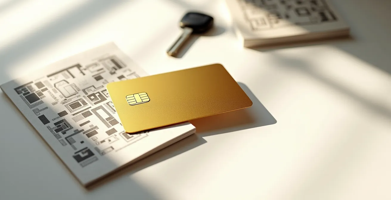 Carte bancaire dorée posée sur des documents avec espace négatif