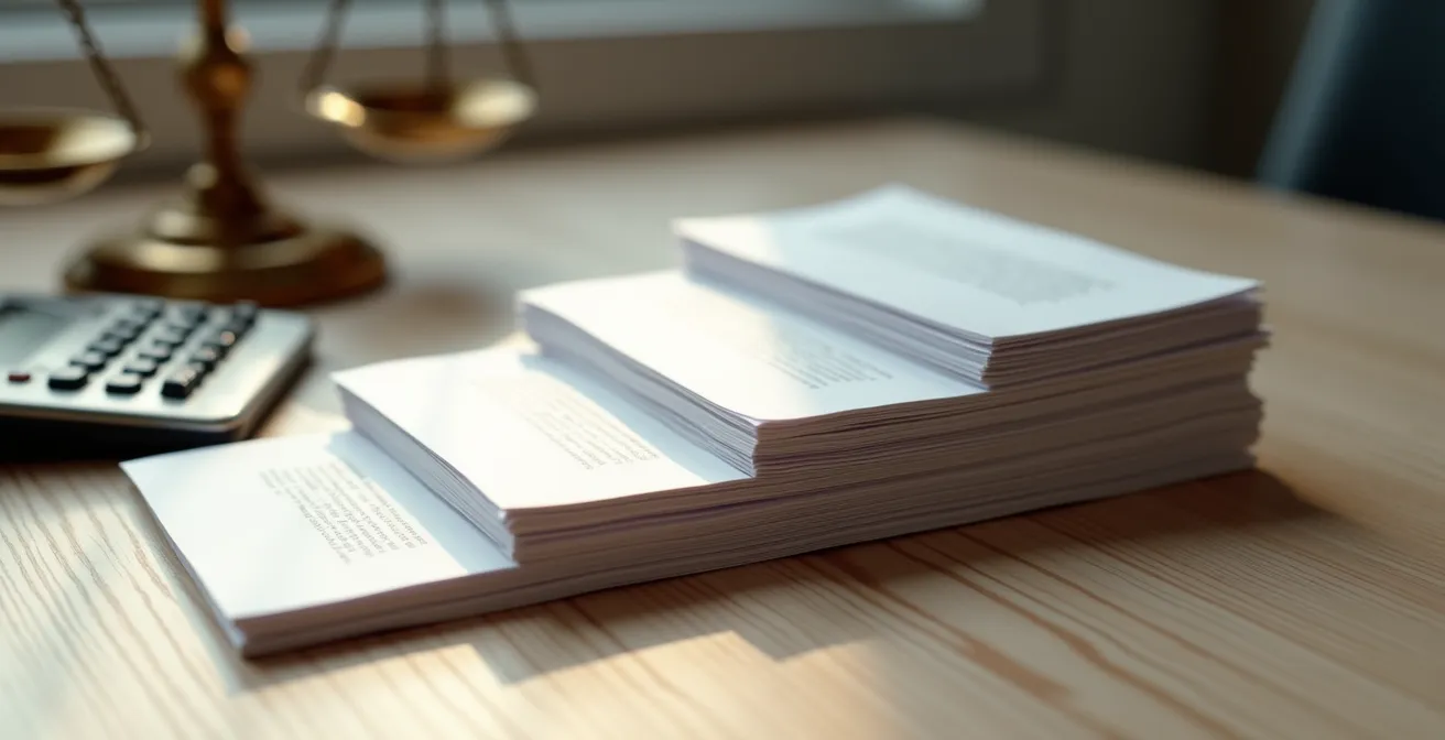 Documents d'assurance auto étalés sur une table avec calculatrice symbolisant l'arbitrage entre les différentes formules.