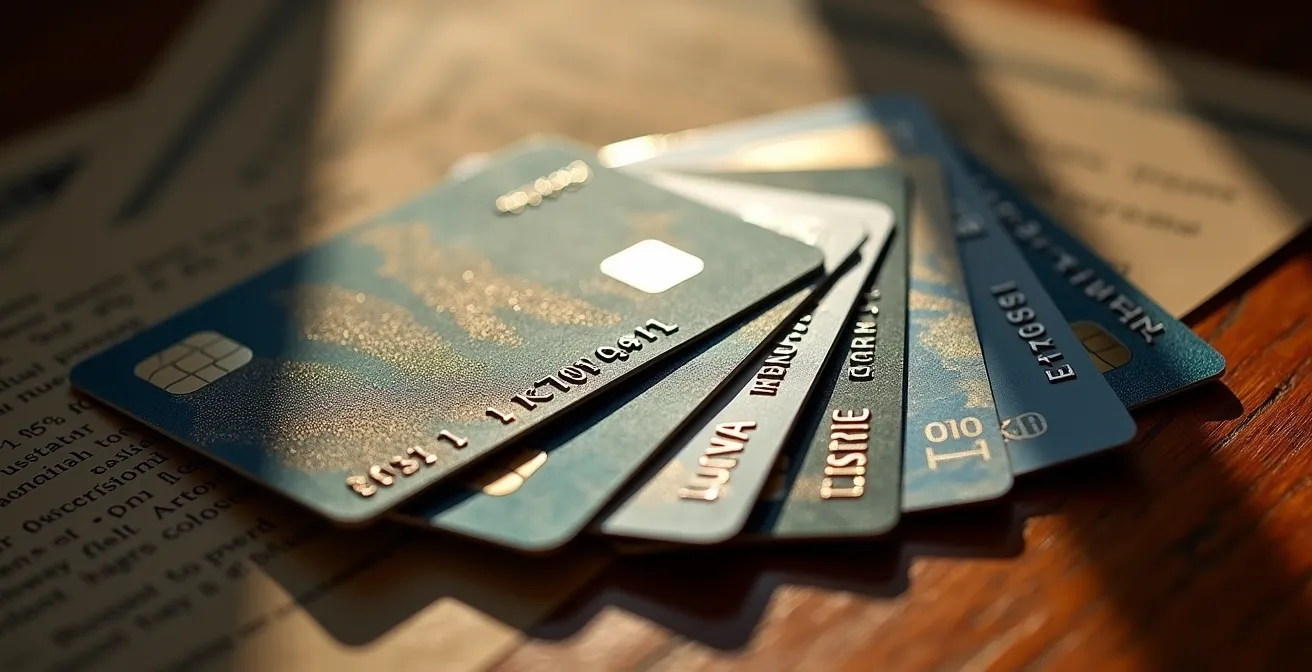 Cartes bancaires disposées en éventail sur une surface en bois avec des documents floutés en arrière-plan