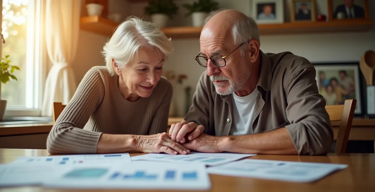 Couple senior consultant des documents de planification de retraite ensemble