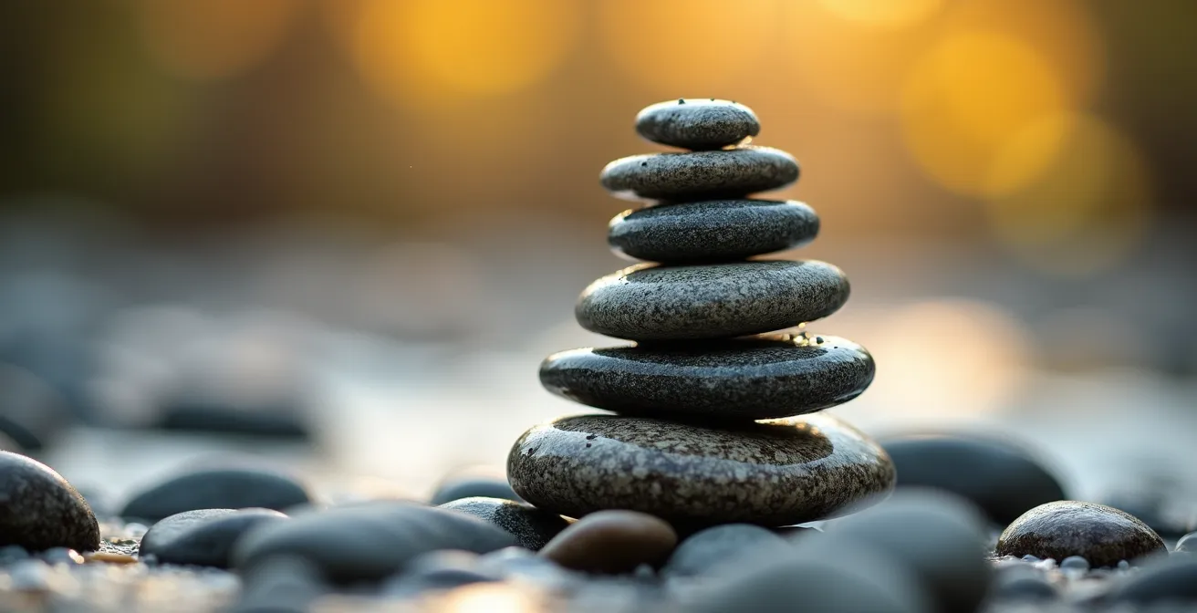Gros plan sur des pierres en équilibre, symbolisant la balance entre les différentes sources de revenus en cas d'invalidité.