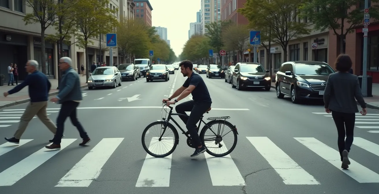 Cycliste et piéton en milieu urbain illustrant la protection offerte par la loi Badinter