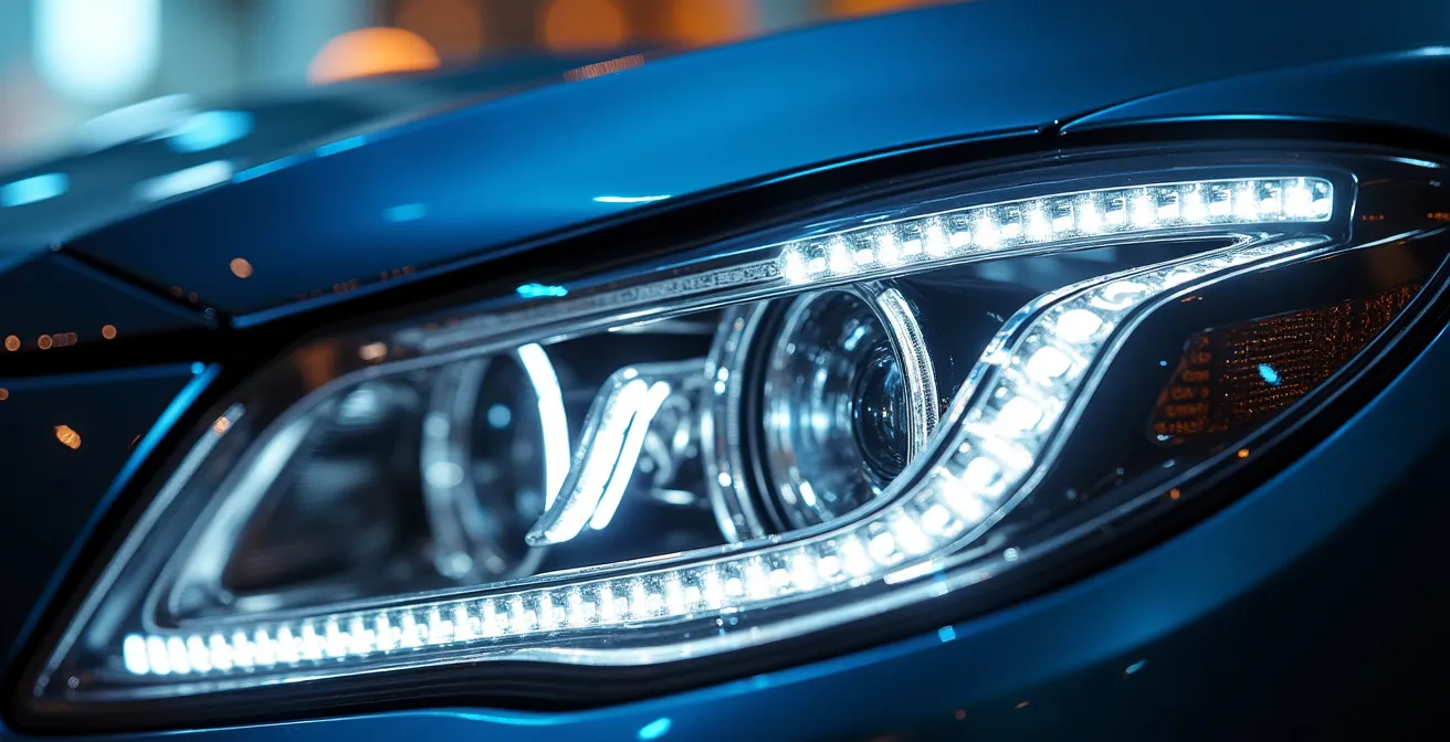 Gros plan sur un phare LED de voiture moderne montrant la complexité technologique et le coût de remplacement élevé.