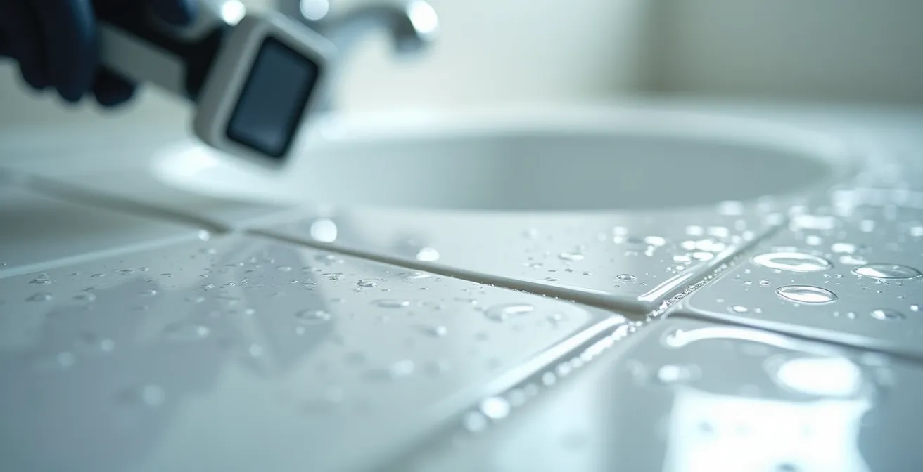 Technicien utilisant une caméra thermique pour détecter une fuite sous le carrelage d'une salle de bain sans destruction