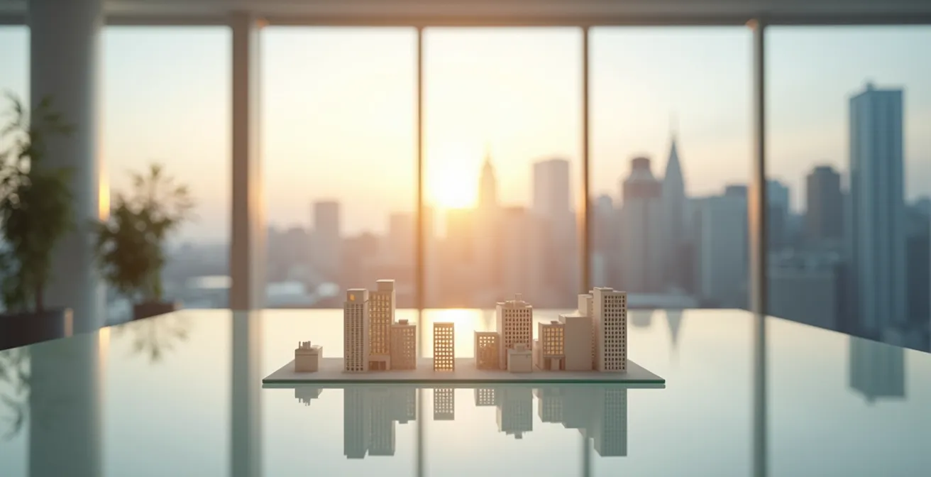 Représentation visuelle de l'effet de levier patrimonial avec balance équilibrée entre actifs et crédit
