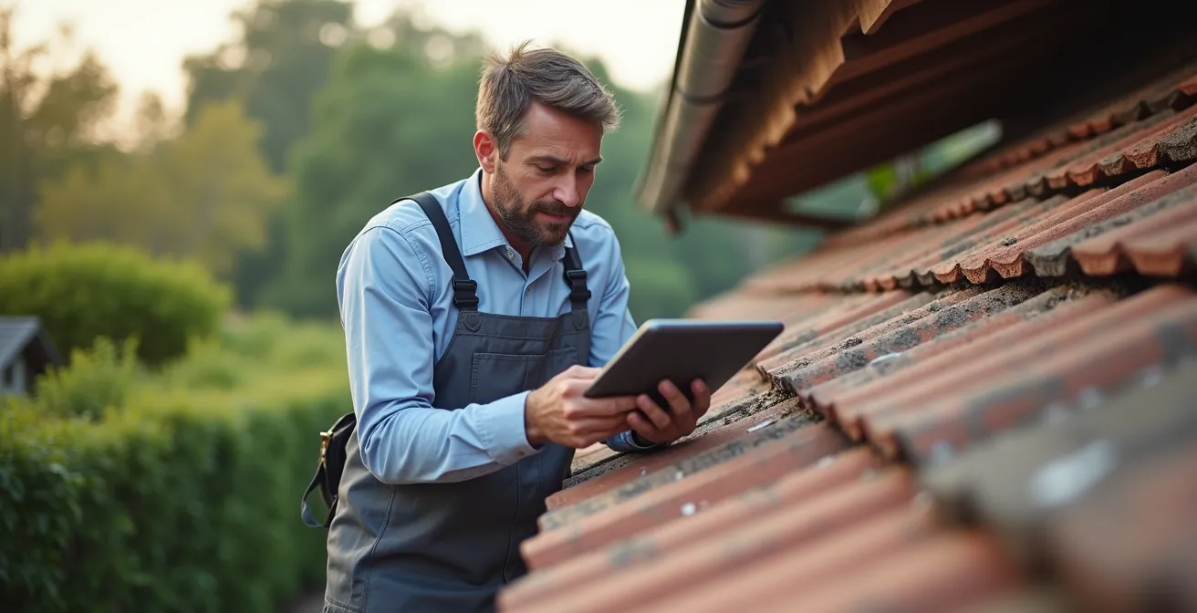 Expert en bâtiment examinant minutieusement une toiture avec une tablette numérique floue au premier plan