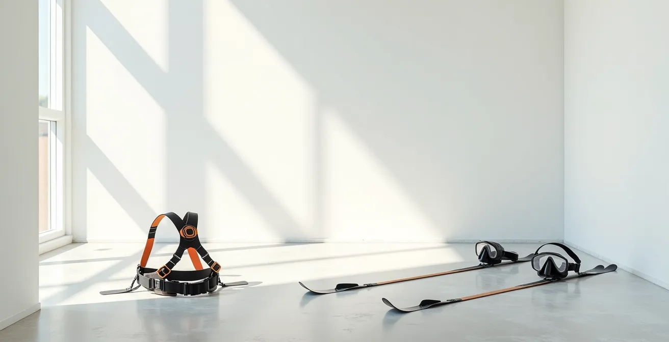 Équipement de sports extrêmes posé sur une table avec des documents flous en arrière-plan
