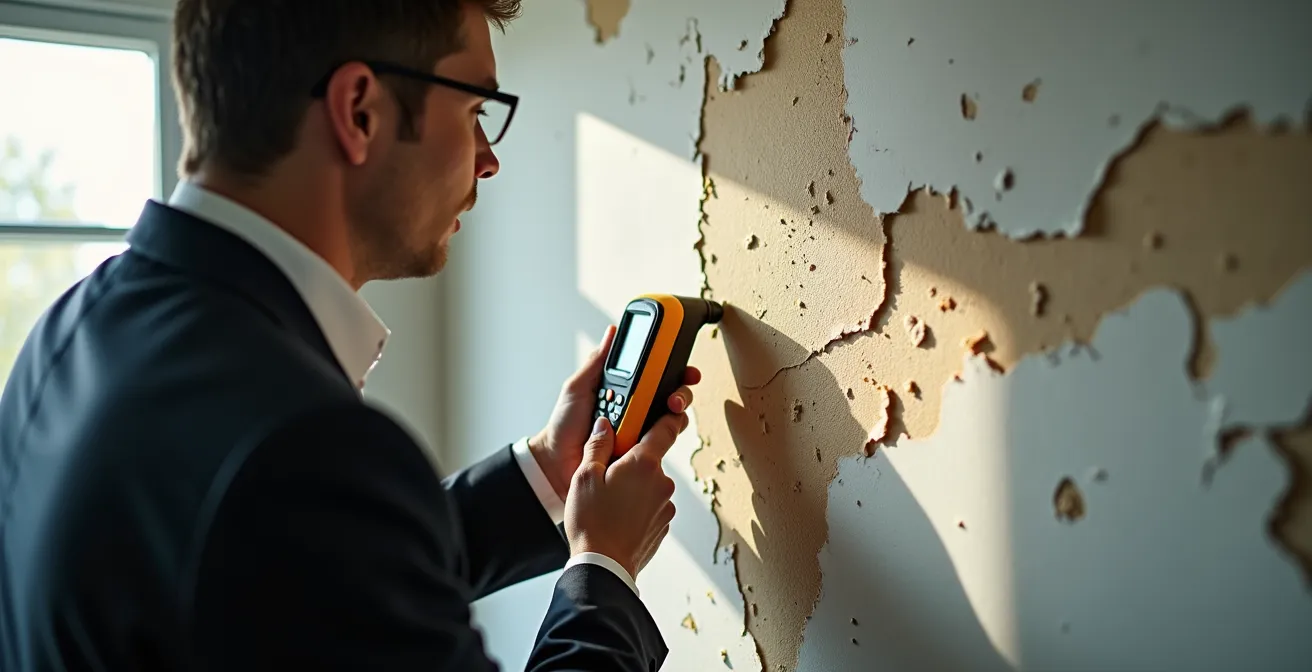 Expert en assurance évaluant les dommages causés par l'eau sur un mur de salon avec des instruments de mesure
