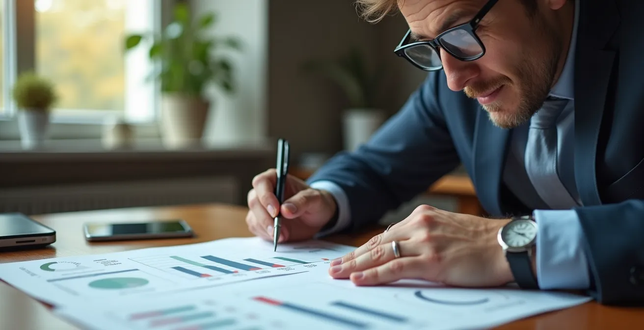 Expert indépendant analysant un rapport d'expertise avec annotations