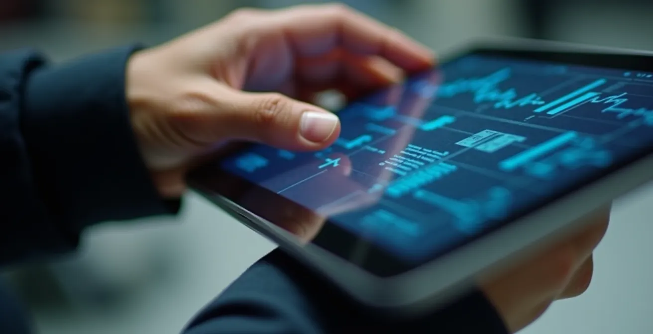 Gros plan sur des mains tenant une tablette montrant des données floues