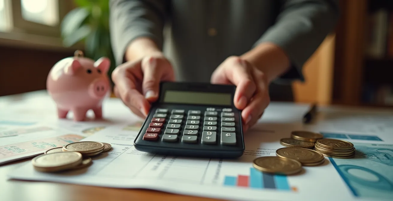 Main tenant une calculatrice avec des documents de franchise et une tirelire cassée symbolisant le coût