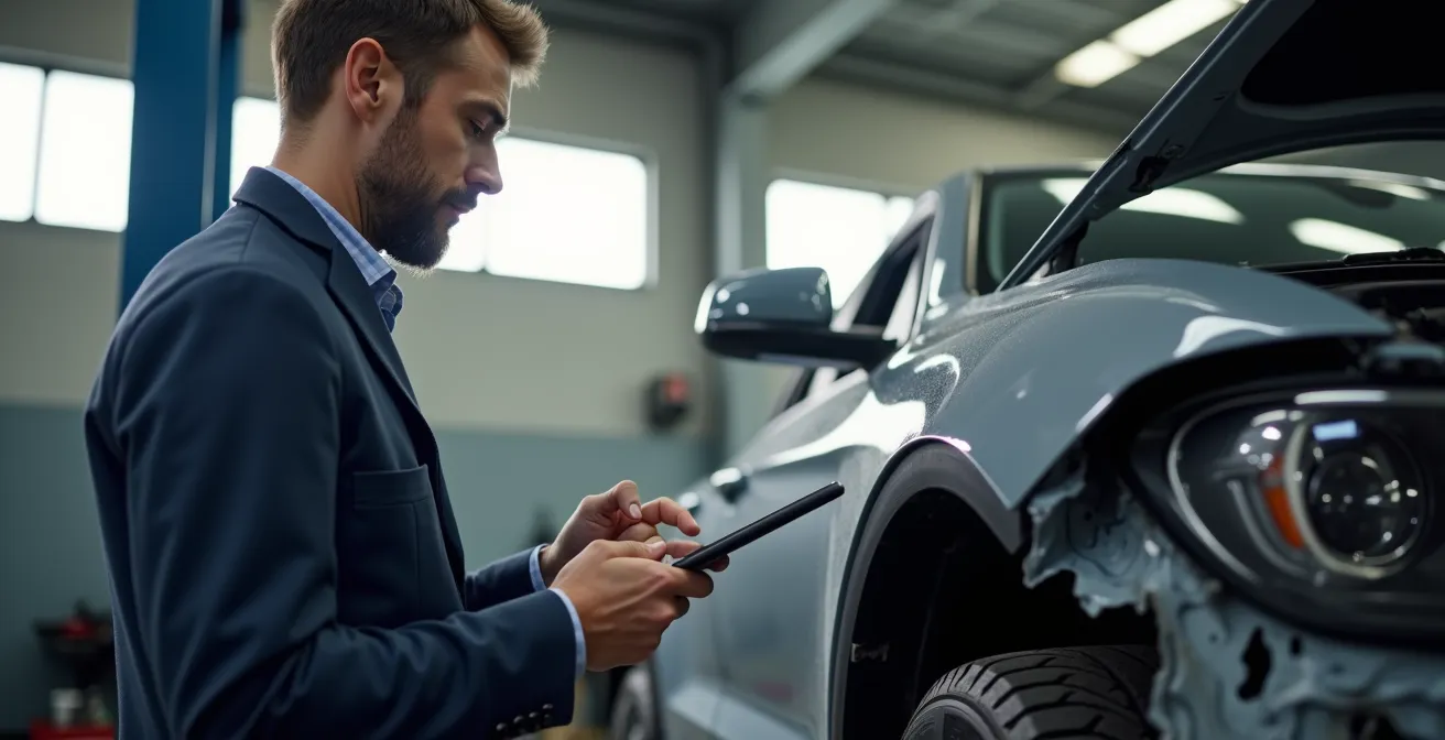 Expert automobile inspectant les dommages sur une aile froissée dans un garage professionnel