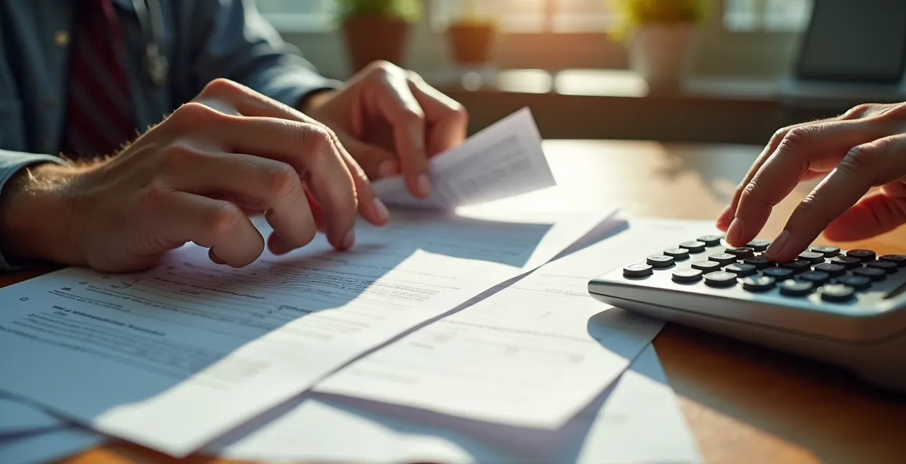 Gros plan sur des mains tenant un document avec une calculatrice, ambiance bureau médical