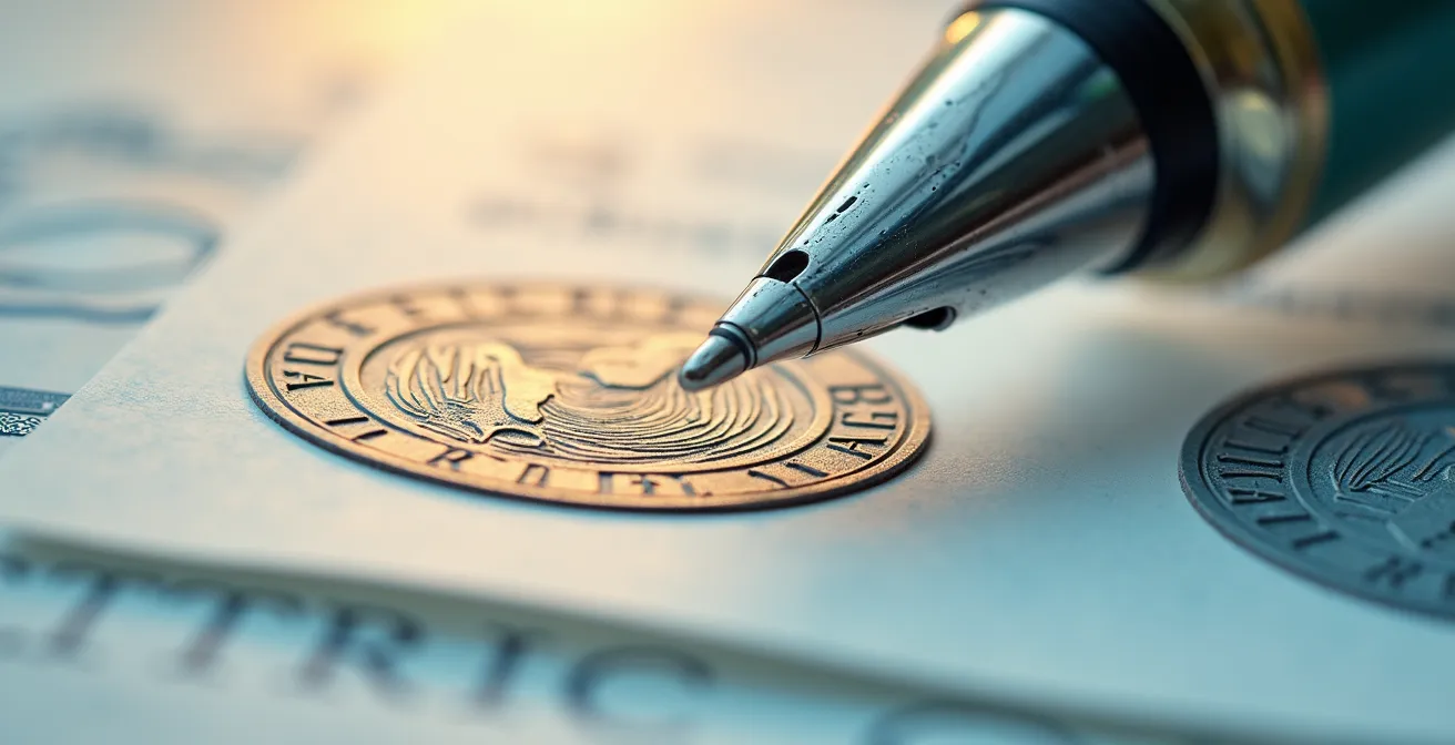 Vue macro de documents financiers abstraits symbolisant le nantissement d'une assurance vie