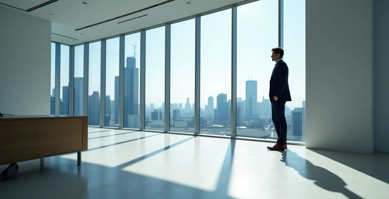 Silhouette d'un entrepreneur regardant une ville, symbolisant la réflexion sur les conséquences à long terme des décisions fiscales.