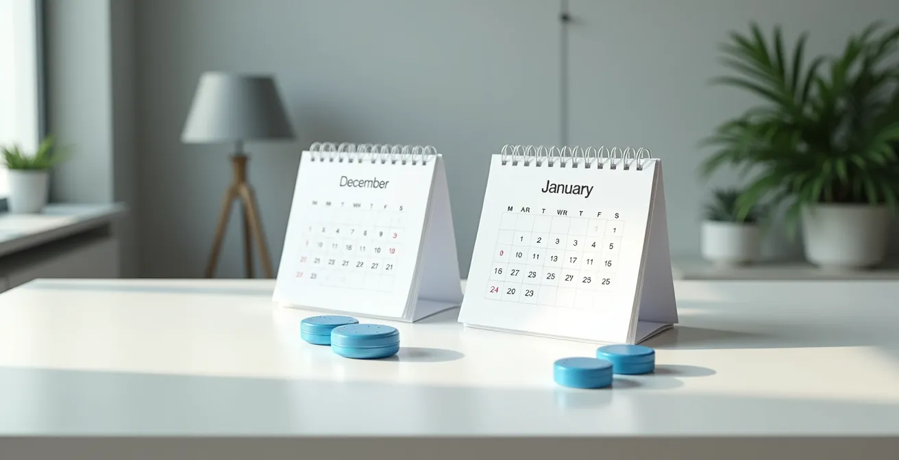 Calendrier visuel montrant la stratégie d'achat de lentilles en décembre et janvier pour maximiser le forfait mutuelle
