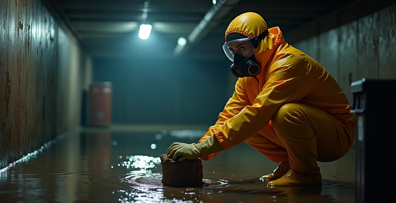 Personne équipée de protection complète nettoyant une zone inondée avec masque et gants