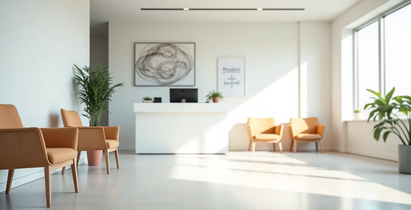 Vue large d'une salle d'attente médicale moderne avec mobilier épuré et lumière naturelle