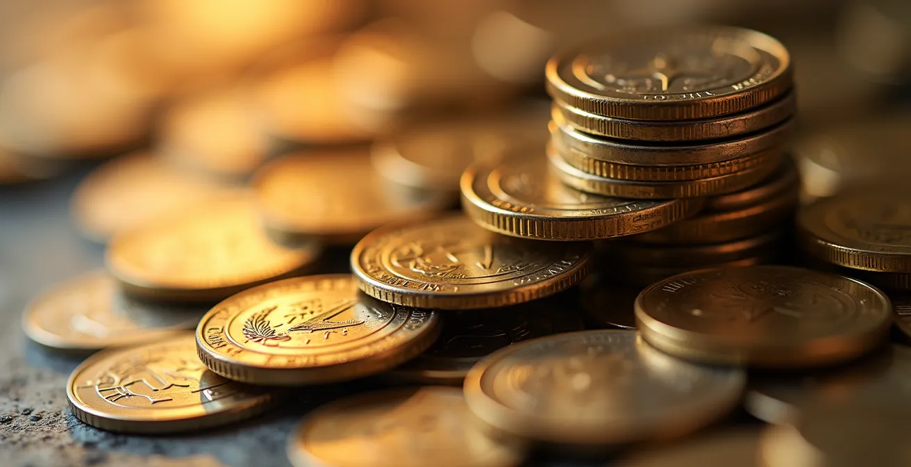 Vue macro de pièces empilées avec profondeur de champ réduite symbolisant l'optimisation fiscale