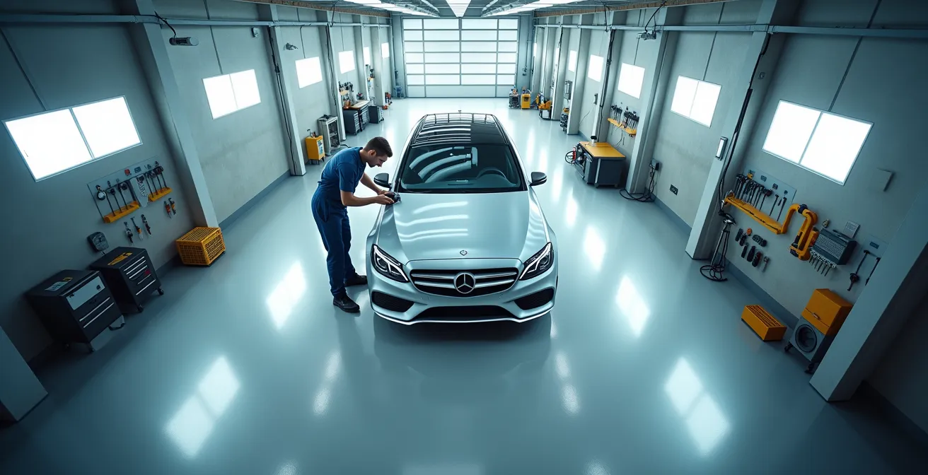 Vue plongeante sur un toit panoramique de voiture moderne dans un atelier de réparation