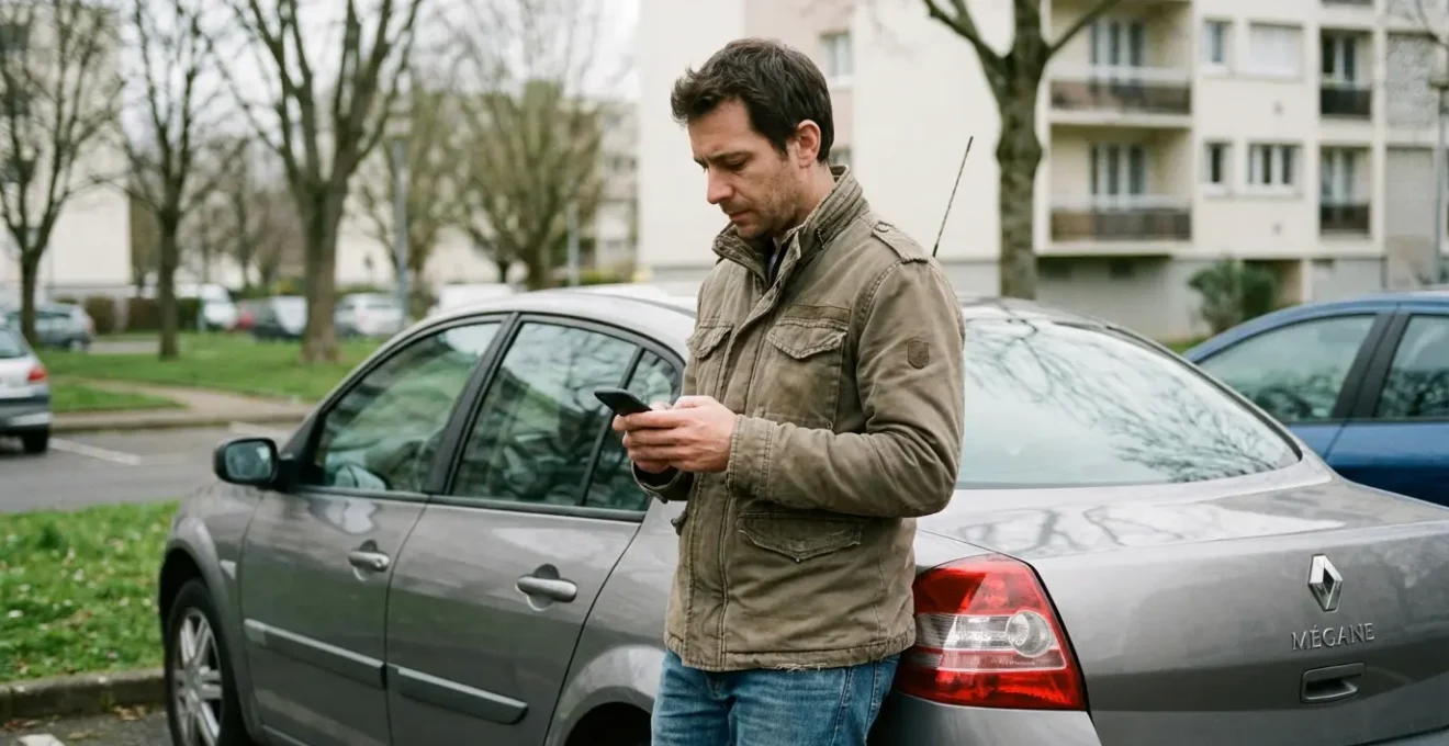 Conducteur consultant son smartphone près de sa voiture dans un parking résidentiel