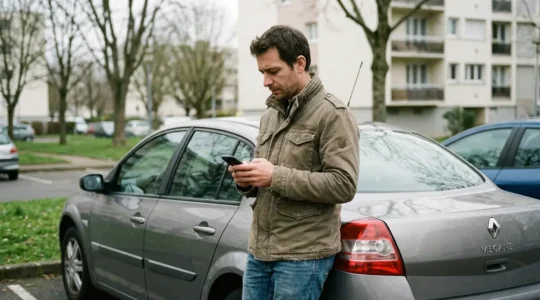 Conducteur consultant son smartphone près de sa voiture dans un parking résidentiel