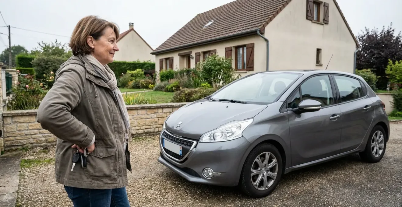 Conductrice occasionnelle près de sa voiture compacte garée devant maison française