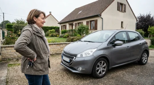 Conductrice occasionnelle près de sa voiture compacte garée devant maison française