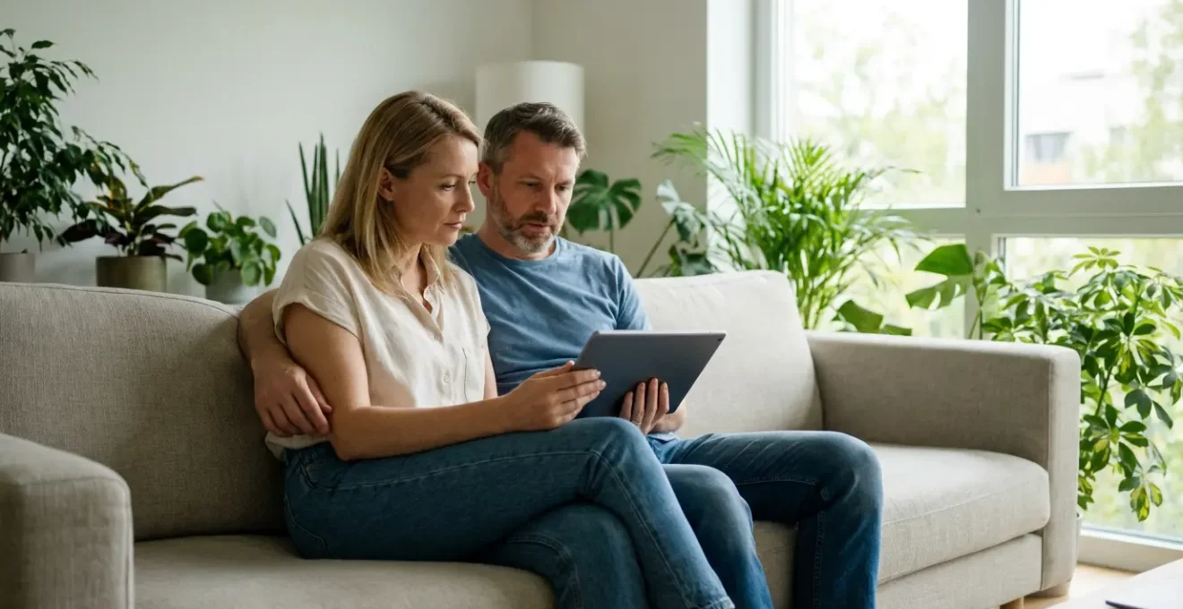 Couple comparant des offres d'assurance voiture électrique sur tablette dans leur salon
