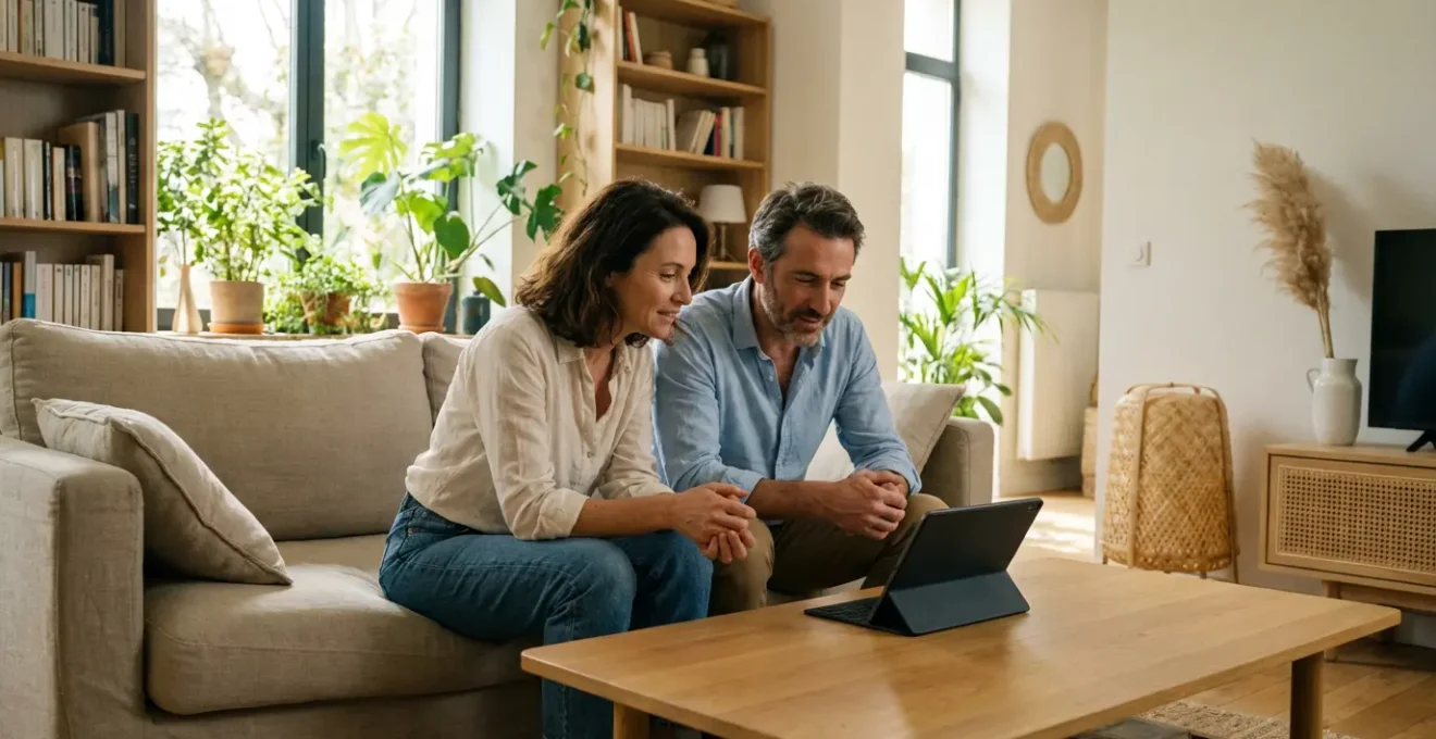 Couple consultant ensemble les options d'assurance auto sur tablette