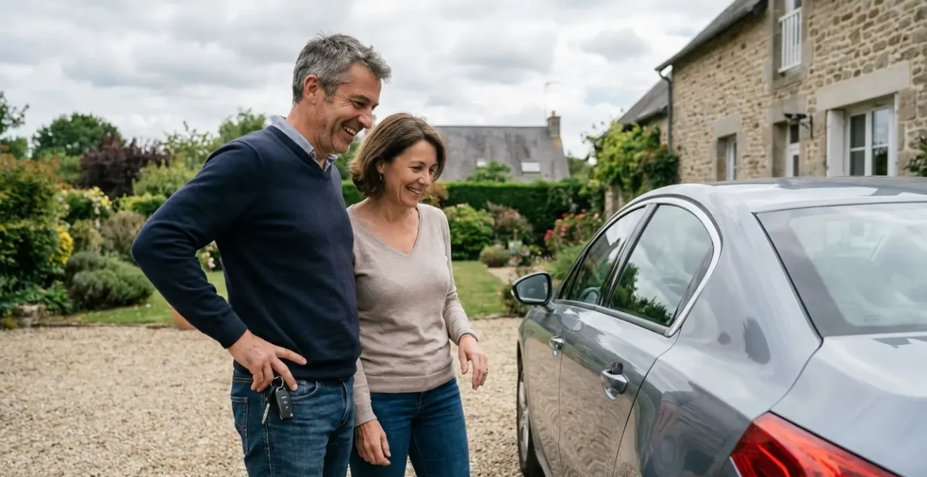 Couple près de leur voiture familiale devant une maison, deuxième conducteur assurance auto