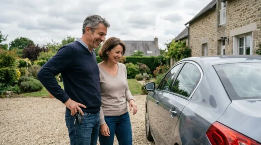 Couple près de leur voiture familiale devant une maison, deuxième conducteur assurance auto