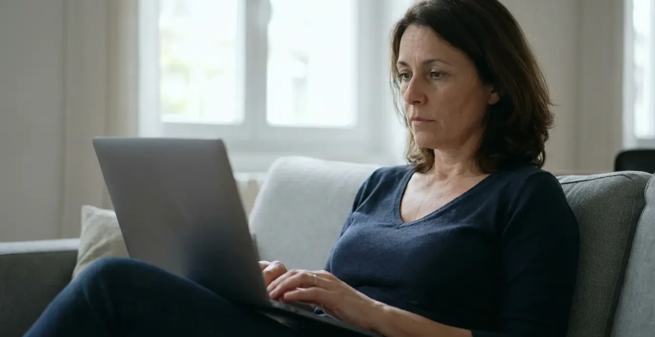 Femme consultant son contrat d'assurance auto sur ordinateur dans son salon