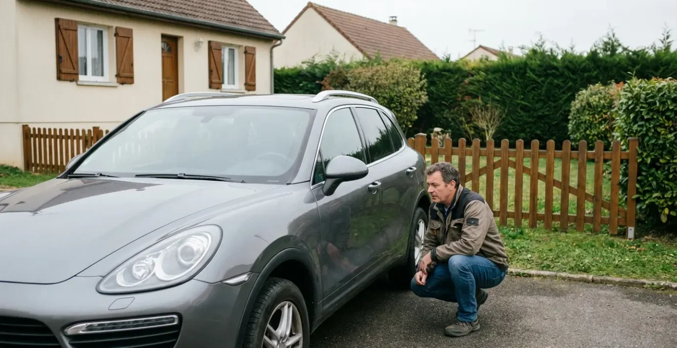 Propriétaire inspectant son SUV d'occasion devant sa maison pour évaluer son assurance