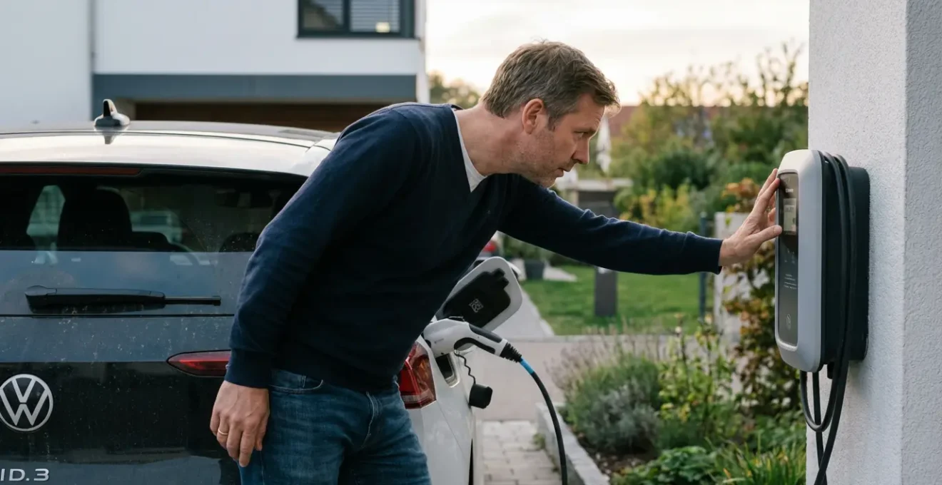 Propriétaire inspectant sa voiture électrique branchée sur borne de recharge domicile