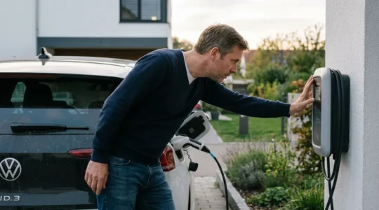 Propriétaire inspectant sa voiture électrique branchée sur borne de recharge domicile