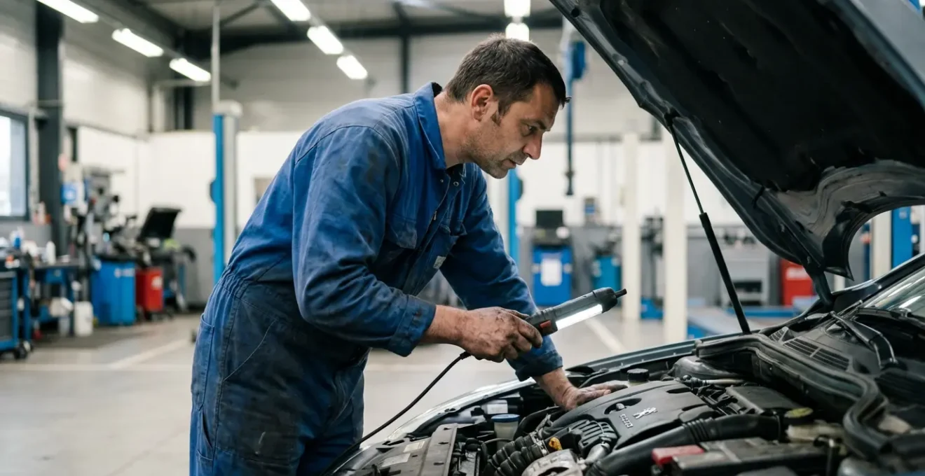 Technicien automobile inspectant un véhicule en atelier pour évaluation dommages