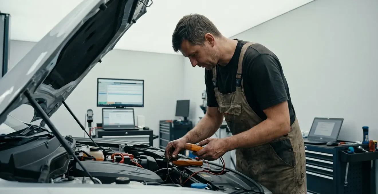Technicien automobile inspectant le compartiment moteur d'un véhicule électrique en atelier